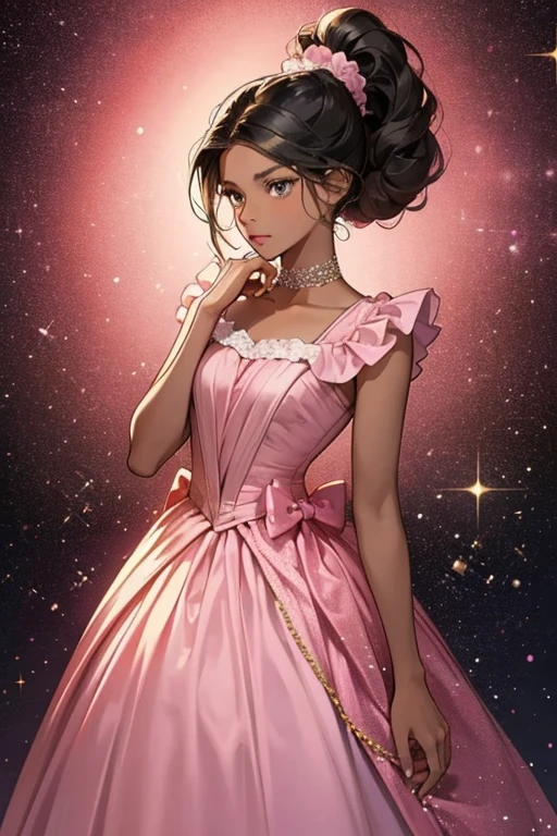 Angelica Schuyler is a dark-skinned woman with curly black hair and she usually wears down, in a ponytail, or in a bun. She is tall and slender, with dark brown eyes.
she wears a traditional 1700s dress, in a saturated pink. SPARKLE; GLITTER
