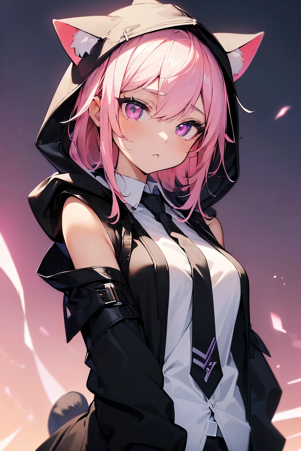 ((最high quality)), ((masterpiece)), (Very detailed:1.3)，1 girl,20th Generation ,超High resolution, retina, masterpiece, Accurate, Anatomically correct, Rough skin, Very detailed, Advanced Details, high quality, Awards, high quality, High resolution, High resolution, 4K,(anime,8k,masterpiece, high quality, high quality,beautifully、beautiful:1.2,Professional Illustration:1.1,Very detailed:1.3,Perfect lighting),Cute pose，Pink eyes，Pink Hair，Long Hair，(At night:1.5), (Neon Gradient:1.5))，(background image，Gothic hi-tech futuristic city design with neon background)，(White Prairie Blouse:1.5)，(Landmine fashion)，(黒い色のtie:1.5)，(Black hoodie:1.5)，(Hoodie with cat ear hood:1.5)，(Put on the hood:1.8)，(Open clothes:1.5)，White shirt from the front, Collared shirt，Layering clothes，tie, White Skirt，(Shoulder:1.6)，(from front)