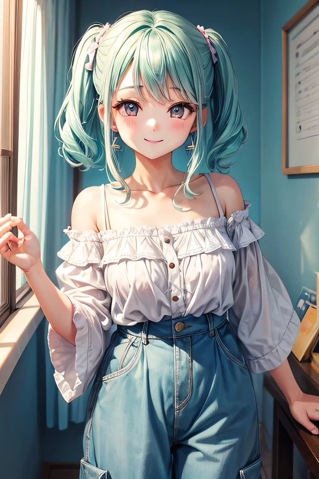 Upper body portrait、Hollow eyes、smile、Showa retro room、Off the shoulder、Pantaloons、pastel colour