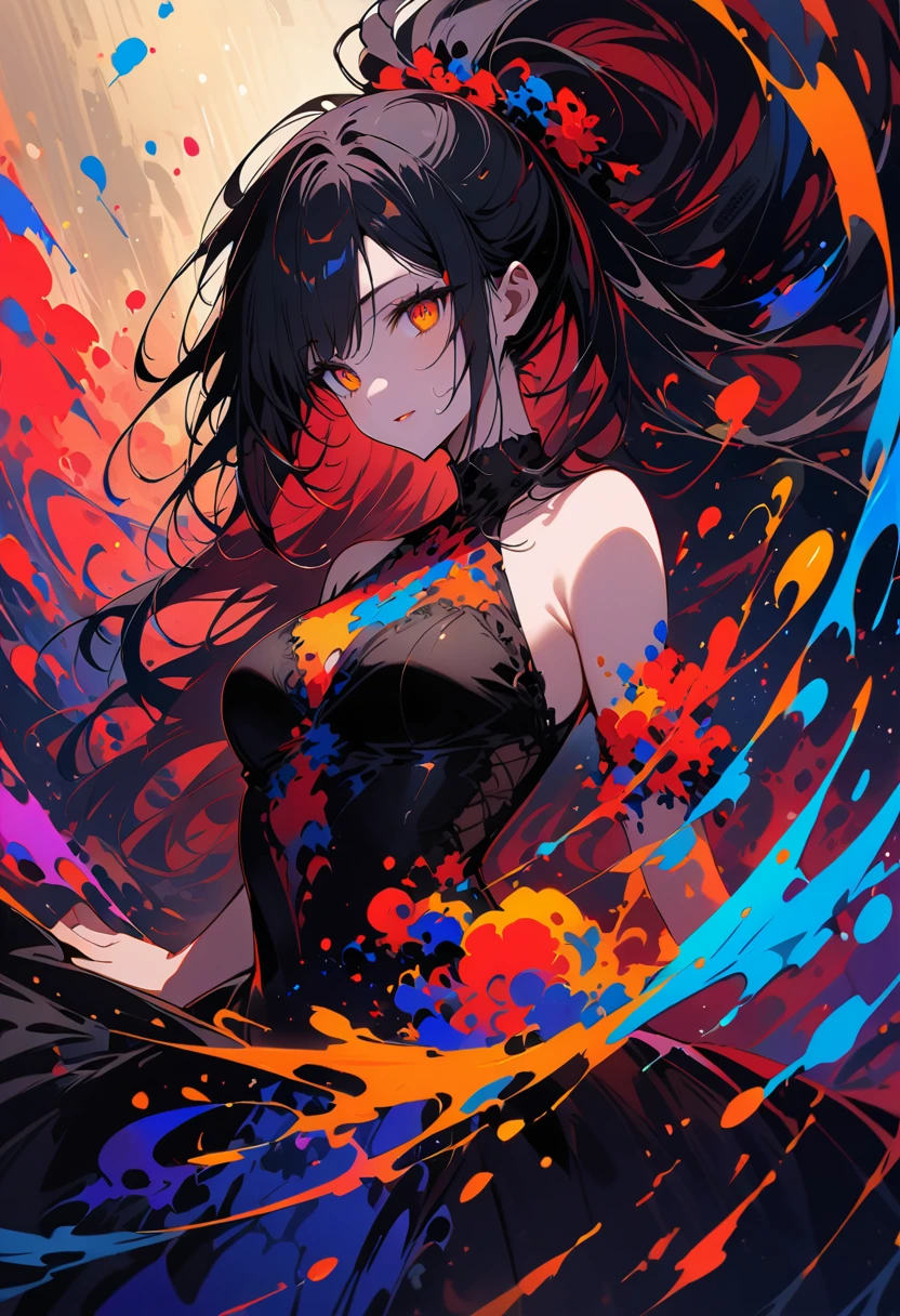 a mixed media abstract artwork of a strange woman with striking eyes and long hair, highly detailed eyes,medium breast,(fine art), (splashes and splatters of paint in nebula colors on the canvas 1.2),[thick, wet,shiny dripping paint], ink, pencil shading, award winning, (perfect composition),(nebula:0.5),(galaxy:0.5)