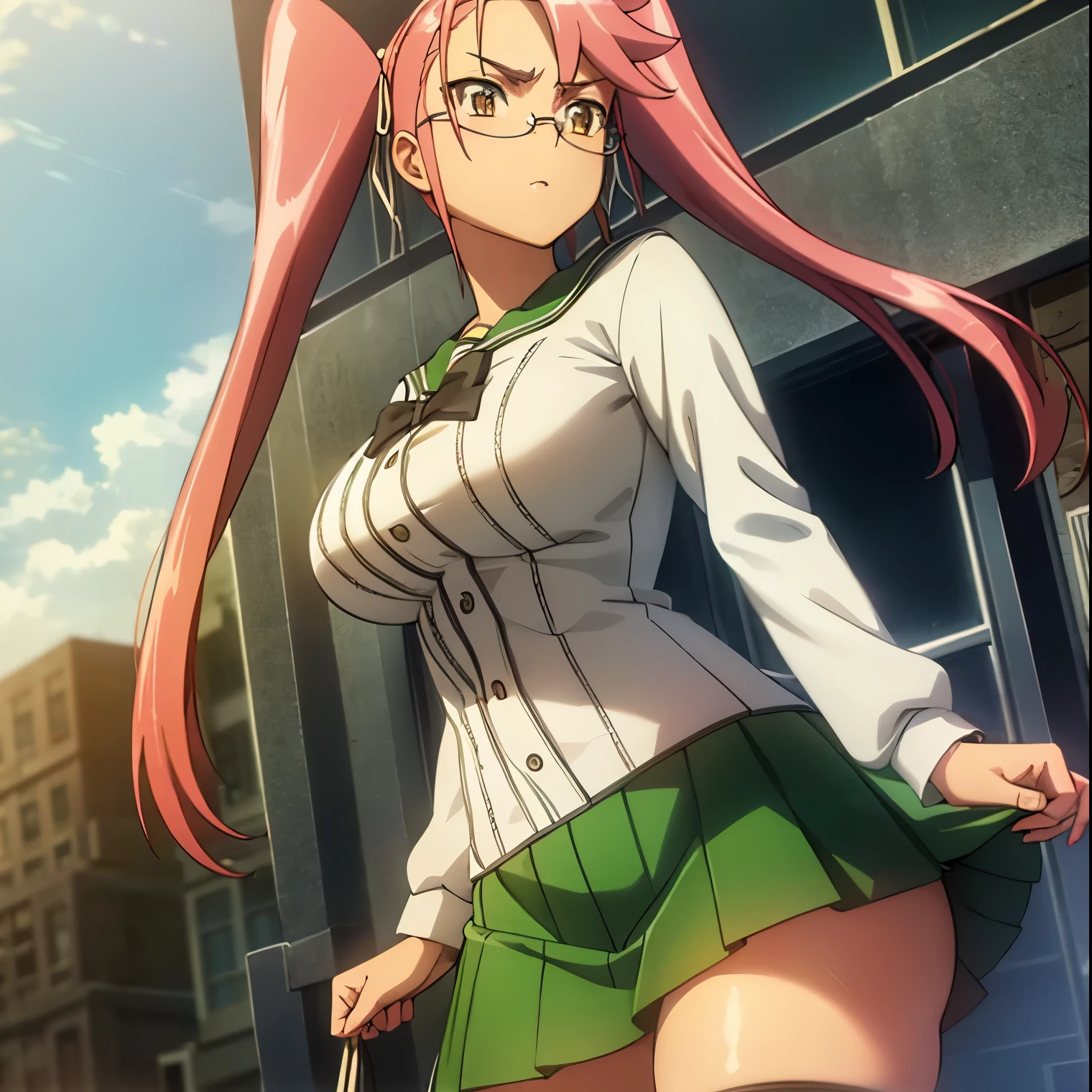 1 girl, alone, saya takagi, long hair, ribbon, two pigtails, (brown eyes: 1.3), hair ribbon, pink hair, glasses, Pleated green skirt, thigh highs, serafuku, zettai ryouiki, green skirt, bow tie, long sleeves, black thigh highs, black bow tie, outdoor, city, zombies, sun, sky, clouds, cars, looking at viewer, (cowboy shot: 1.5),large breasts,medium waist,wide hips,medium thighs,round butt,curvy body,(masterpiece: 1.2), best quality, high resolution, Unity 8k wallpaper , (illustration: 0.8), (beautiful detailed eyes: 1.6), extremely detailed face, perfect lighting, extremely detailed CG (perfect hands, perfect anatomy),