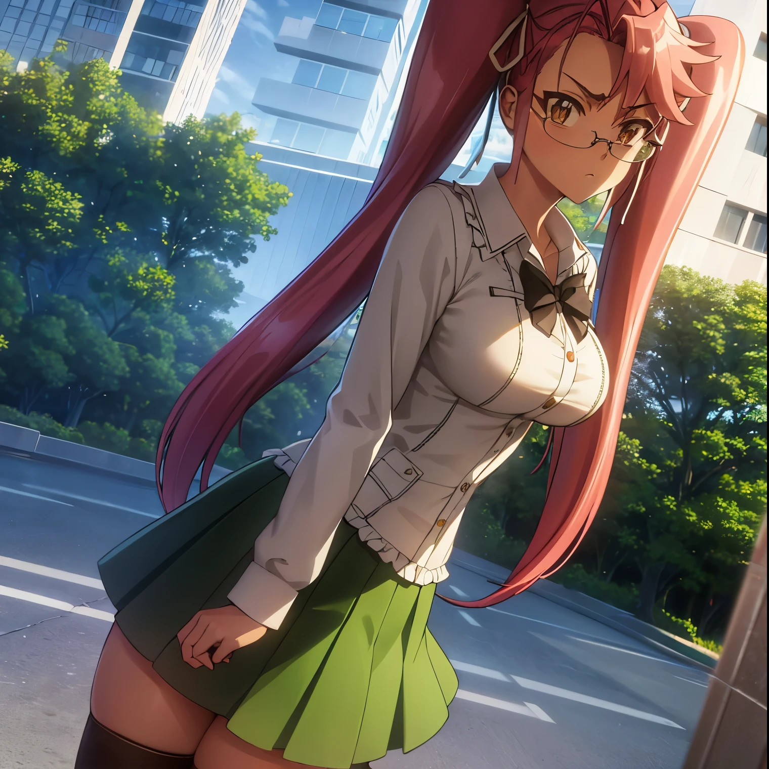 1 girl, alone, saya takagi, long hair, ribbon, two pigtails, (brown eyes: 1.3), hair ribbon, pink hair, glasses, Pleated green skirt, thigh highs, serafuku, zettai ryouiki, green skirt, bow tie, long sleeves, black thigh highs, black bow tie, outdoor, city, zombies, sun, sky, clouds, cars, looking at viewer, (cowboy shot: 1.5),large breasts,medium waist,wide hips,medium thighs,round butt,curvy body,(masterpiece: 1.2), best quality, high resolution, Unity 8k wallpaper , (illustration: 0.8), (beautiful detailed eyes: 1.6), extremely detailed face, perfect lighting, extremely detailed CG (perfect hands, perfect anatomy),