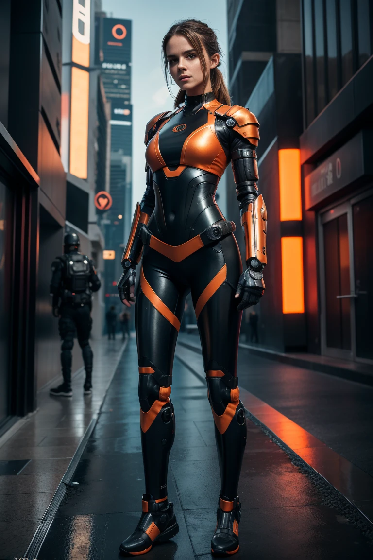 ((Full body shot, standing, feet on the floor)) ((masterpiece, 8K, 3D, Realistic, Super Detail)), (1girl:1.3), slender , Ultra Micro photography, Super realistic, Perfect face, Beautiful features, ((Perfect female body)) Beautiful features, ( body), ((small hip)), Emma Watson as (((2 piece Bikini))), Sci-fi futuristic cyberpunk ((bionic orange chest metal armor suit)), Futuristic soldier, ((Exposed thigh)), Exposed Skin, Front Full body Shot, full body portrait, futuristic city background
