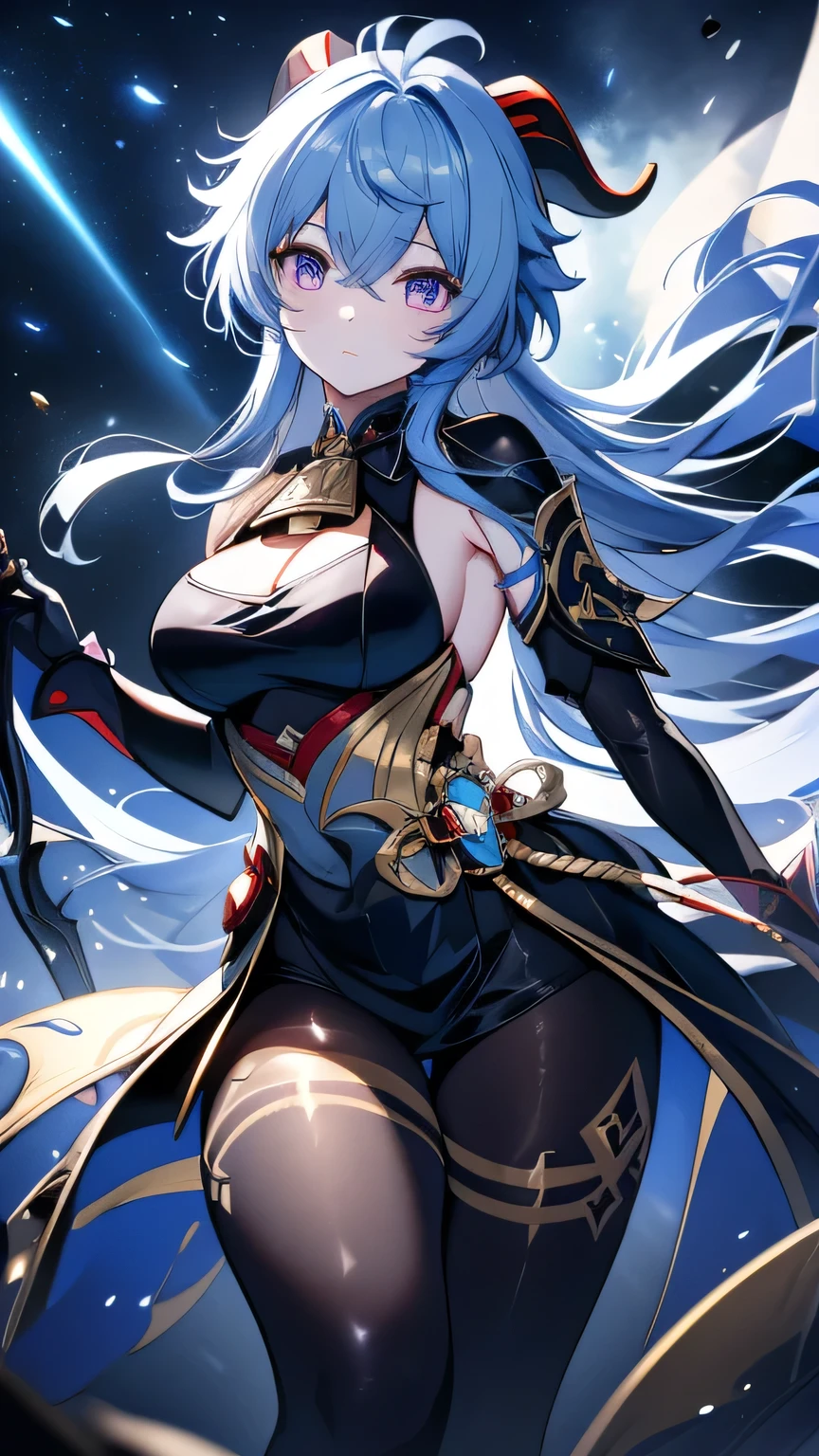 ((Hired \(Genshin Impact\))))((masterpiece、8L、War Photos、highest quality、Realistic painting style、Cinema Lighting、Backlight)) Medium chest、Great cleavage,A little bit of side boob is visible、Neck length laser tights、One Girl, alone,Long legs、Thin legs、Perfect Style、Long Hair, Blue Hair, Purple eyes,Horn、Neck bell, Black 80 denier pantyhose, Removable sleeves, Black gloves, Pelvic Curtain、Dynamic pose, Has a bow weapon, Starry Sky、Night view, (Particles of light: 1.1), Thick Fog