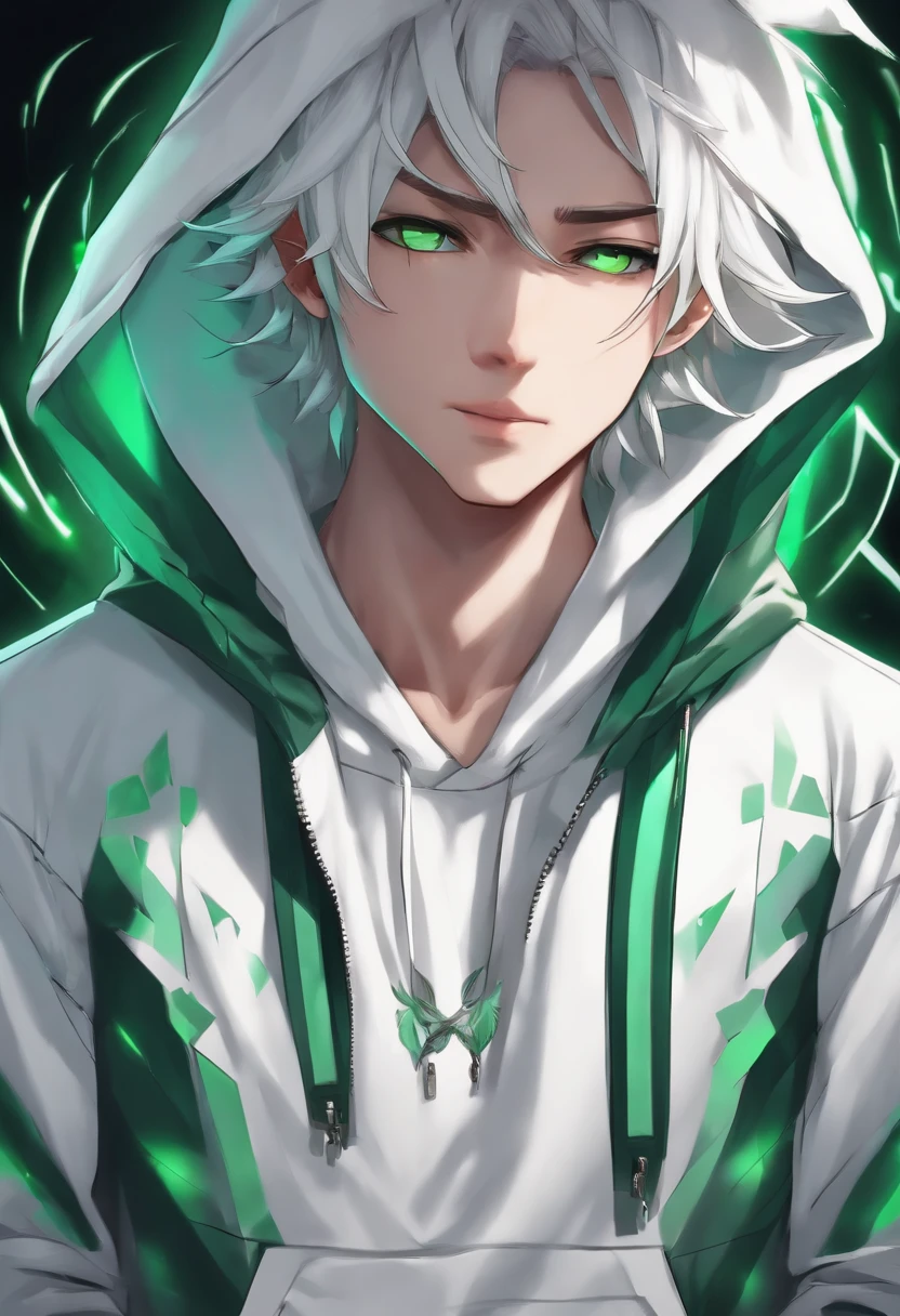 Anime man with dog ears White hair with green tips Wear a cool white hoodie with a cyber pattern and pants with dark green pockets.