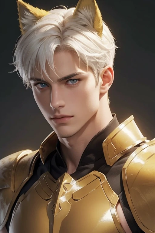 Full Body photorealistic 4k, high resolution, best quality, masterpiece, perfect color, perfect shade, perfect lighting, Posted by e621, ((portrait)), ((handsome man)), perfect male figure, Short hair details，chest muscles，abdominal muscles，Naked torso，Detailed face, perfect face, (stood up), Detailed background, ((Bonifasco Lighting)), (delicate eyes),((yellow armor)),((animal ears)),white hair