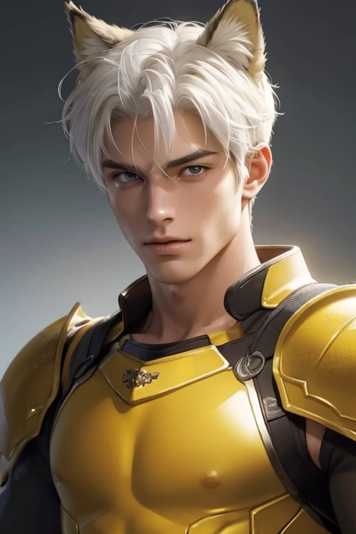 Full Body photorealistic 4k, high resolution, best quality, masterpiece, perfect color, perfect shade, perfect lighting, Posted by e621, ((portrait)), ((handsome man)), perfect male figure, Short hair details,chest muscles,abdominal muscles,Naked torso,Detailed face, perfect face, (stood up), Detailed background, ((Bonifasco Lighting)), (delicate eyes),((yellow armor)),((animal ears)),white hair