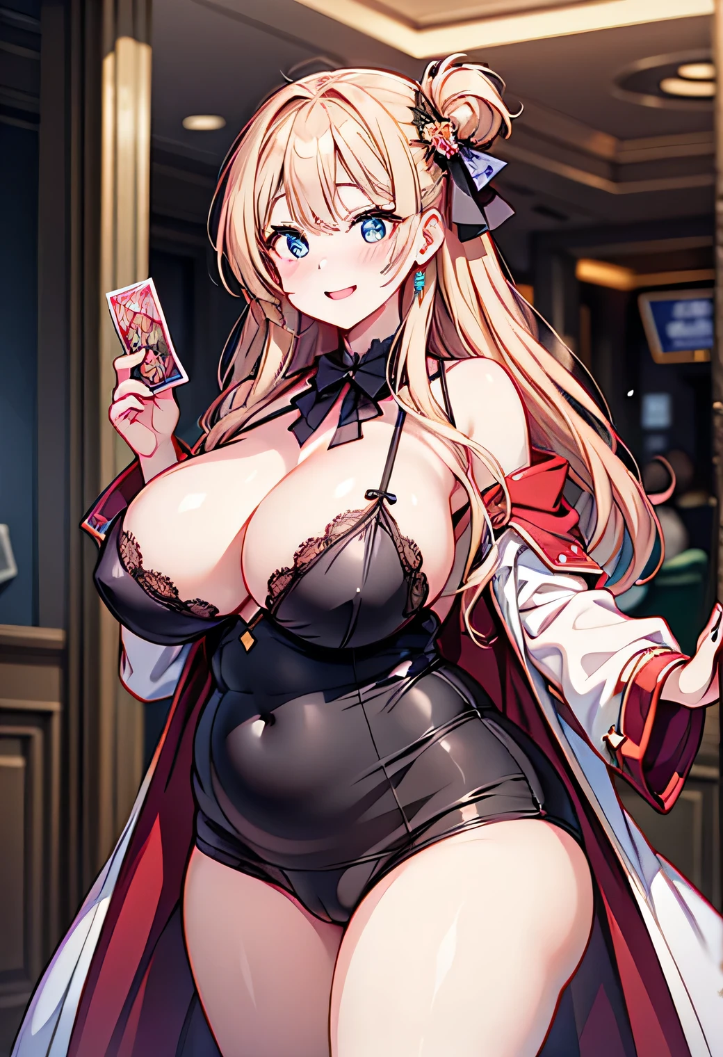 Anime illustration、Fantasy、highest quality、Luxury Casino、Flirt with a man、Plump Dealer、Perfect proportions、overwhelmingly big breasts、Very thick legs、Beautiful, shining eyes、Blushed、smile、Cowboy Shot、Showing off your crotch