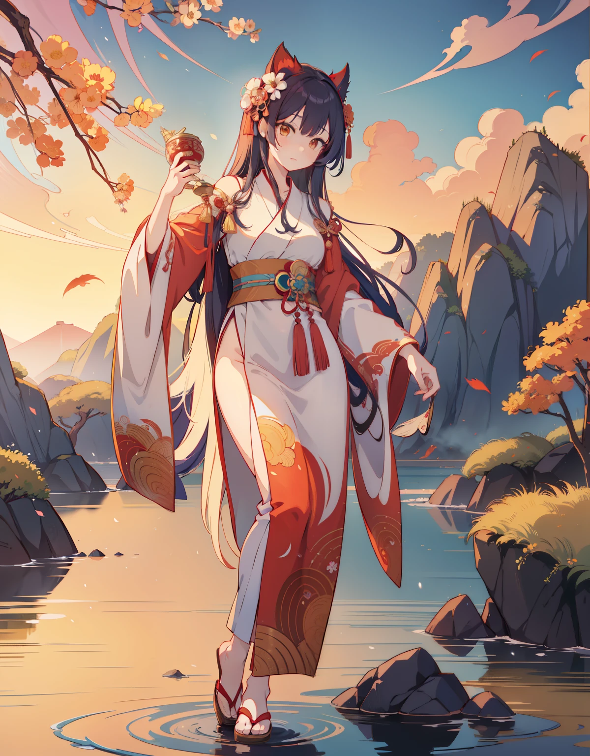 a painting of a woman with long hair and a flower in her hand, korean art nouveau anime, japanese goddess, flowing hair and long robes, anime fantasy illustration, inspired by Sōami, akira from chinese mythology, japanese art style, a beautiful kitsune woman, inspired by Nōami, inspired by Tsukioka Yoshitoshi, autumnal empress