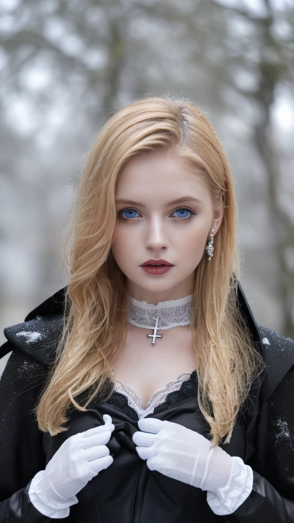1 miniature Beautiful beautiful woman - Yuan Sayuki, ((top quality, 8K, Masterpiece:1.retty woman, 1 woman, huge breasts:1.3, a slim body:1.1, lush GINGER long hair with 2 ponytailed buns, (shower, wet body, wet clothes:1.1), very detailed face, detailed lips, detailed eyes, double eyelids, Detailed blue eyes, чрезвычайно Detailed Outstanding Blue Eyes, long GINGER wet hair, GINGER wet hair with 2 ponytails, Detailed Outstanding Blue Eyes, innocent look at the viewer, very wet wavy white hair, Detailed Outstanding Blue Eyes, huge cross earrings, Outdoors, badges behind, gothic maid uniform, sexy maid dress, bare chest, huge chest tattoo, detailed huge catholic cross earrings, chest tattoo, Outside, wear a silver cross (Detailed cross shape), reality mode, wet breasts, black necklace, human crowd behind, black latex gloves, hair of white snowy colour, night time, red neon lights, demonic nun, nimbus (golden lighting ring above her head), angel, snowy weather, sexy pose, white lingerie, black maid dress, detailed flower wreath made of different colours, open chest