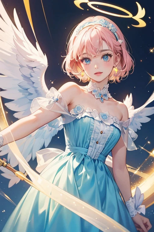 Angelique is shown as an absolutely beautiful angel ornament with a sparkling blue dress, a light blue hairband, and a yellow halo. She has fair skin, blue eyes, rosy cheeks, pink lips, and short golden straight hair with bangs. Her light blue transparent wings allow her limited flight. SPARKLE; GLITTER