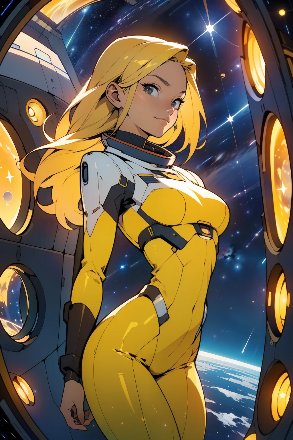 (masterpiece, best quality:1.2), (cowboy shot:1.1), solo, 1girl, mori yuki, slight smile, closed mouth, nearly frontal view, looking at viewer, blonde hair, long hair, thigh gap, yellow bodysuit, skin-tight, perfect body, large window, (starship porthole:1.3), (spread legs:1.0), (standing:1.1), thigh gap, sensual pose, sideview, perfect hands, bright starship interior, (outer space view:1.1), (orbital view:1.3), (night, stary sky:1.5), milky way