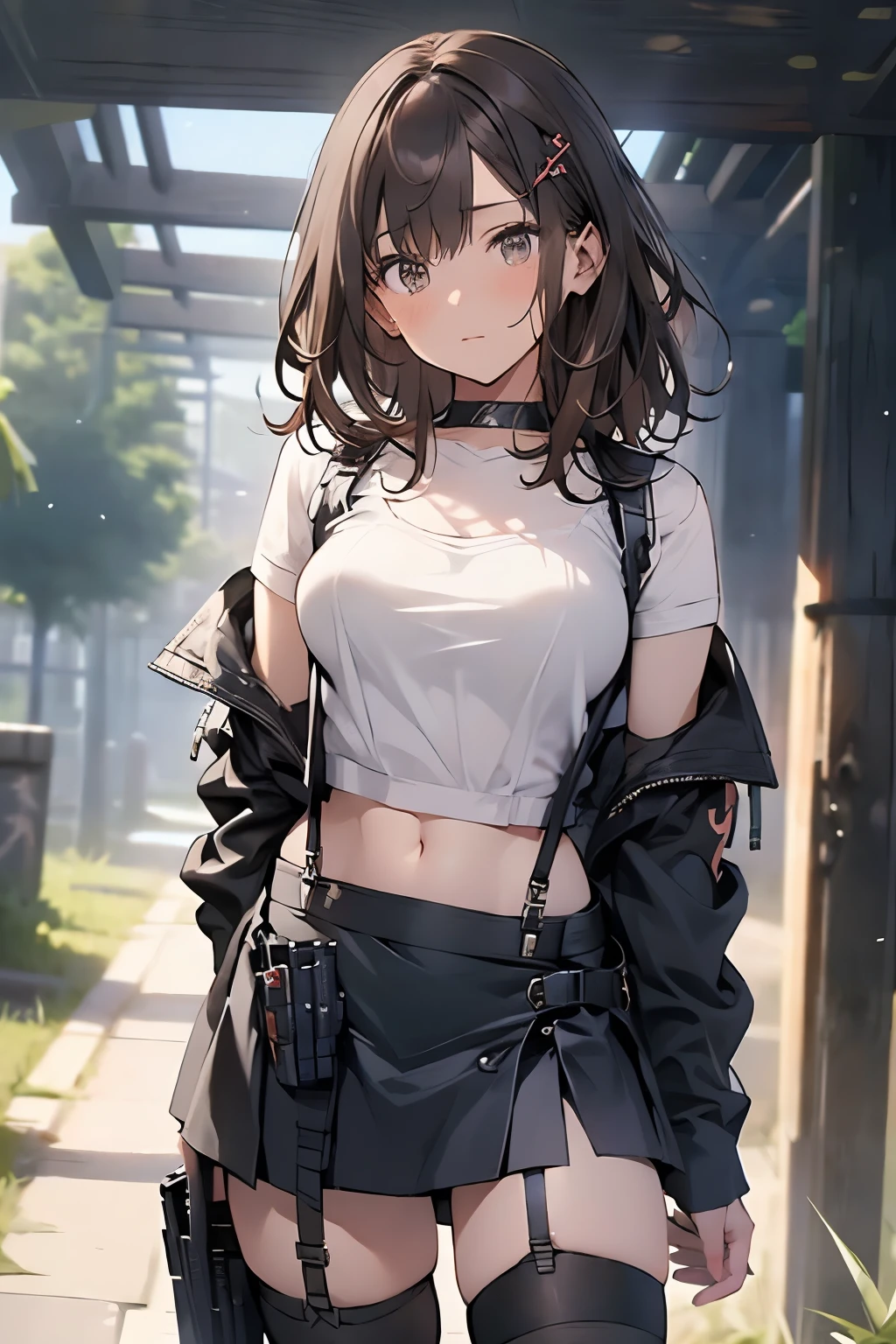 Brown Hair、Staring at the audience Black suspenders bulging big breasts wall: Black mini skirt garter sight Small face Bans holster Beautiful woman Show your hand レッグholster ベッドに横たわる sight Black boots panty shot Taunt side side汗 I arm