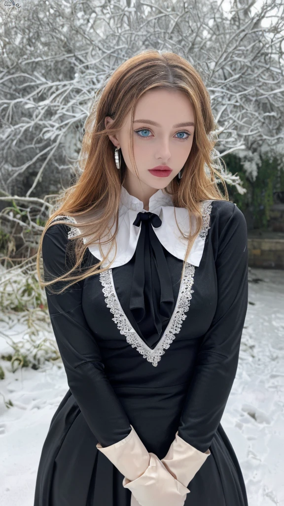 1 miniature Beautiful beautiful woman - Yuan Sayuki, ((top quality, 8K, Masterpiece:1.retty woman, 1 woman, huge breasts:1.3, a slim body:1.1, lush GINGER long hair with 2 buns, (shower, wet body, wet clothes:1.1), very detailed face, detailed lips, detailed eyes, double eyelids, Detailed blue eyes, чрезвычайно Detailed Outstanding Blue Eyes, long GINGER wet hair, GINGER wet hair, Detailed Outstanding Blue Eyes, innocent look at the viewer, very wet wavy white hair, Detailed Outstanding Blue Eyes, huge cross earrings, Outdoors, badges behind, gothic maid uniform, sexy maid dress, bare chest, huge chest tattoo, detailed huge catholic cross earrings, chest tattoo, Outside, wear a silver cross (Detailed cross shape), reality mode, wet breasts, black necklace, human crowd behind, black latex gloves, hair of white snowy colour, night time, red neon lights, demonic nun, nimbus (golden lighting ring above her head), angel, snowy weather, sexy pose, white lingerie, black maid dress, detailed flower wreath made of different colours, open chest