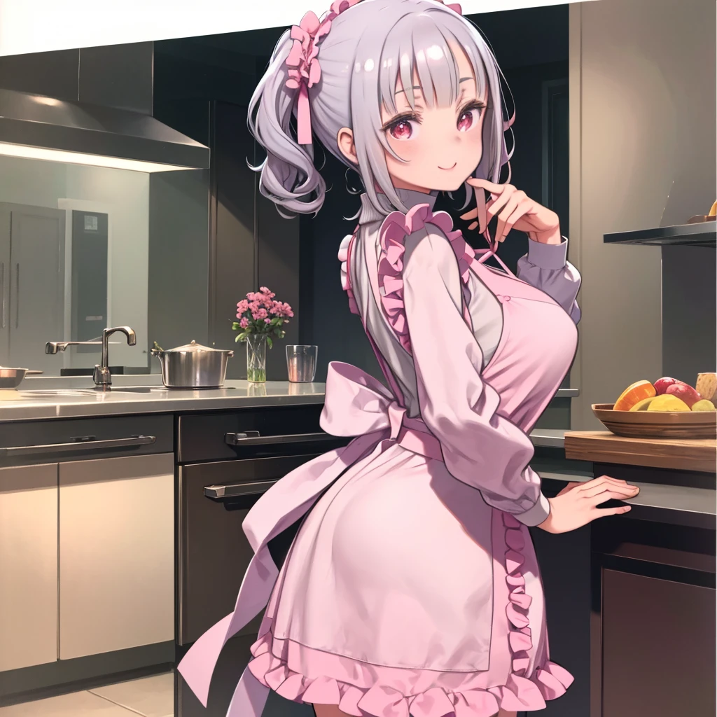 masterpiece、highest quality、High resolution、Very detailed、Medium wide shot、Girl、Beautiful red eyes、Silver Hair、Curly bob hair、Big Breasts、Gray turtleneck sweater、Long sleeve、((Pink frilly apron))、mini skirt、laughing、Looking Back、Leaning body、Back view、kitchen、Watching the audience、