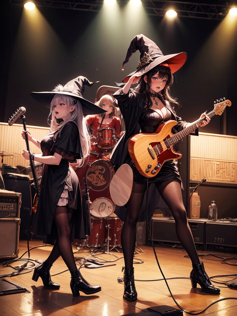 A three-woman metal band dressed in witch costumes、Arrived in Japan and held a mass at a live venue、Neck slashing pose、The intense performance was a huge success、Metal band performance、Fearless expression、Live venue lighting、The band&#39;s concept was a reaction to the witch hunts that swept through medieval Europe.、Electric guitar