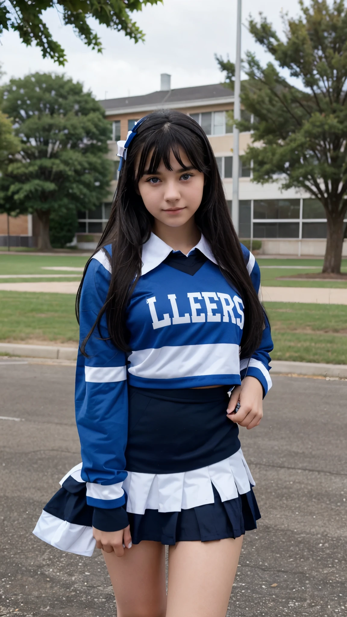A young high school student girl with with black hair and blue eyes, wearing a blue cheerleader uniform with black and white details