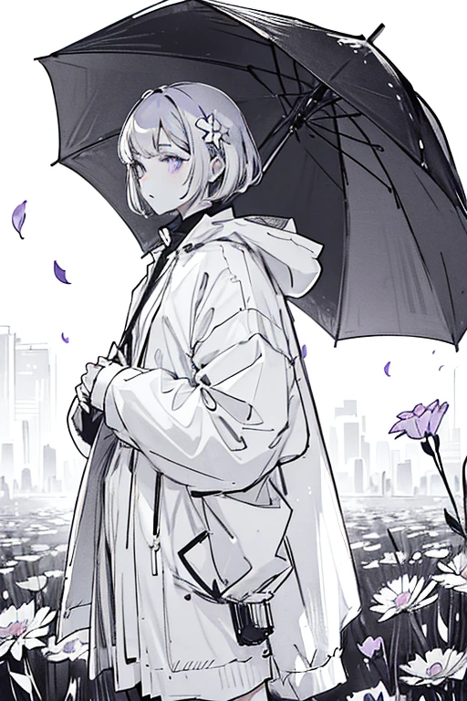 1girl,solo,whole body,ager,stand still,gray hair,short hair, purple eyes,around many beautiful flowers and petal,monochrome,ephemeral, from a distance,rainy,dirty clothes,