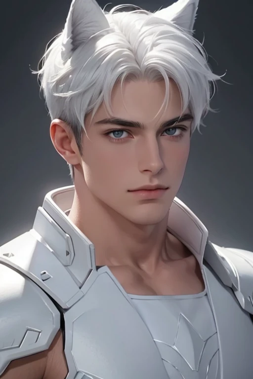 Full Body photorealistic 4k, high resolution, best quality, masterpiece, perfect color, perfect shade, perfect lighting, Posted by e621, ((portrait)), ((handsome man)), perfect male figure, Short hair details,chest muscles,abdominal muscles,Naked torso,Detailed face, perfect face, (stood up), Detailed background, ((Bonifasco Lighting)), (delicate eyes),((white armor)),((animal ears)),white hair