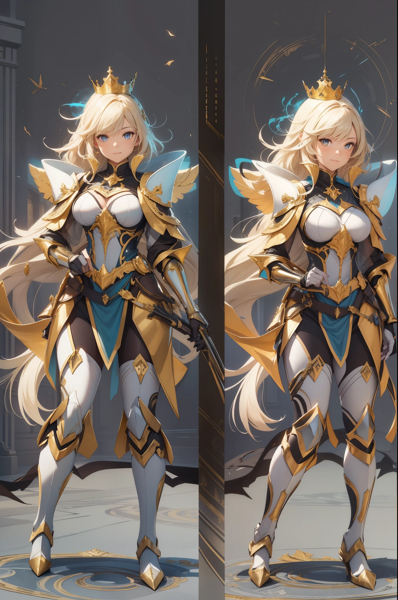 A beautiful woman, absurdres, full body armor, shining armor, knight leg armor, boot armor, Shining light knight, holding a weapon, perfect body figure, blond color hair, wavely hairstyle, light magic, light manipulation, light power, lightbeam attacks, aura of warmth, gentle expression, smile, very big breast, very big ass, age 39, middle-aged, photo manipulation, altered realities, fantastical scenes, digital artistry, creative editing, evocative narratives, striking visuals, kinetic art, moving sculptures, mechanical creations, interactive installations, dynamic motion, engineering ingenuity, captivating visuals, highest quality, outstanding detail, super high resolution: 3.5, fidelity: 1.4, best illustration, favor details, perfect detail rendering, ultra HD, masterpiece, ultra high res, photorealistic: 1.5, raw photo, perfect brightness and darkness, light ray, perfect balance, smooth color transition, full body frame, shining light, black and gold color armor, light body aura, light coat, full detail armor design, crown, shining eyes, golden eyes, mature, perfect color layer, pose, domineering, golden scarf, royalty, majestic, day, Empress, wind blowing, breeze, perfect color blur, calm, perfect lighting, shining light color crown, golden color mantle, halo golden light, movement motion, wings made from the lights.
