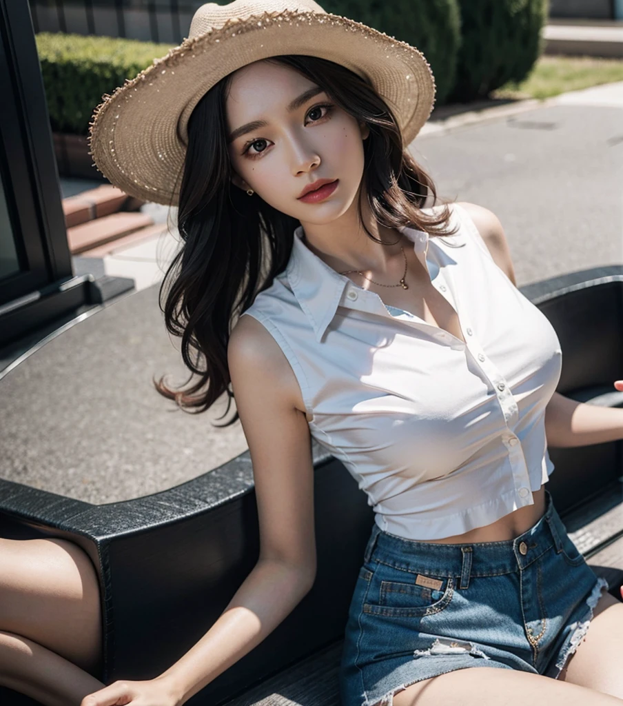 absurdres, RAW photo, extremely delicate and beautiful, masterpiece, Best Quality, ultra high resolution, 32k, hyperrealistic, ultra-detailed, perfect anatomy, anatomically correct, perfect figure, super Detailed skin, pale skin, 20 years old, very Slim body, narrow waist, very small head, very small face, delicate facial features, detailed face, detailed eyes, tearful mole, earring, thin legs, bare legs, ((very huge round breasts)), short medium hair, ((wavy hair)), wet clothes, ((alone)), ((collared white shirt)), ((cowgirl costume)), vest, cowboy hat, fingerless gloves, midriff, neckerchief, shorts, ((holster)),