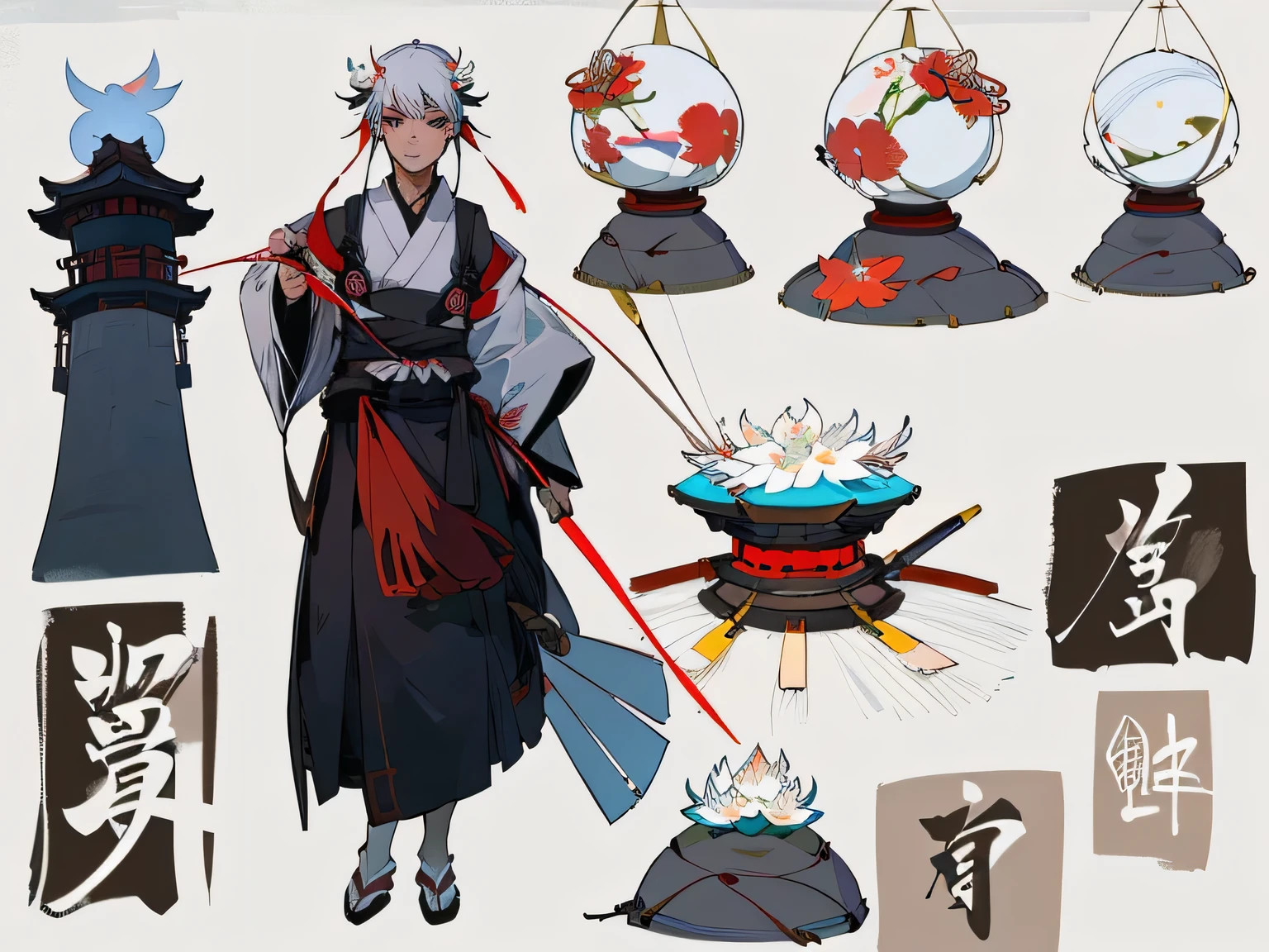 ((Character Design Sheet,Same role,front,side,Withdrawal))Chinese scenery, ((hot spring)), (Blizzard), (firefly), (Paper Kite), (midnight), (moon), Hilltop Shrine, ((flower)), Beautiful scenery, Realistic lighting, masterpiece, high quality, Beautiful graphics, High Detail,