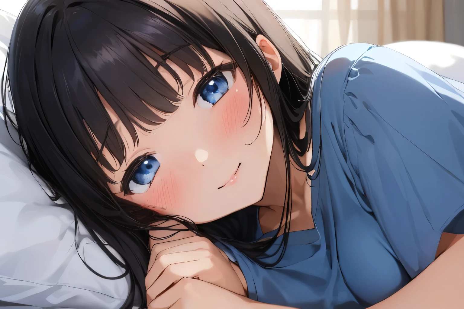 Masterpiece、highest quality、1 female、Super detailed　Black Hair、bangs　Blue Eyes、Detailed depiction of the eyes　Smiling、blush　camisole　Face is close、Facial Close-up、Bring your face closer　Sheetsに寝転がる、Lying on your side、Spread your shoulders、Spread your arms、Inviting a hug　Sheets