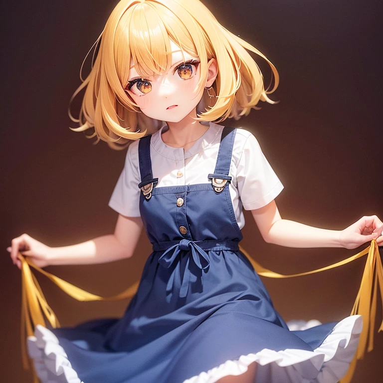 chica, 4 , pelo claro, pelo rubio, pelo amarillo claro, ojos morados, indigo eyes, delineado rojo, mechon rojo pintado, anime version, vestido flores