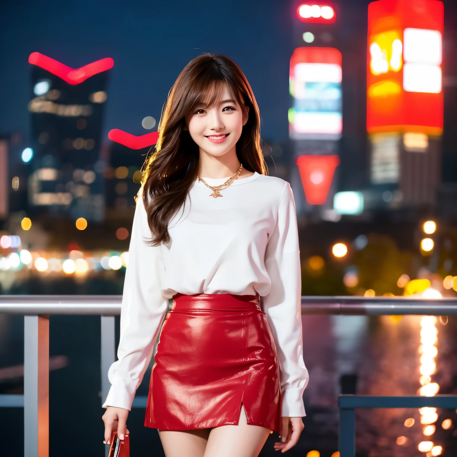 A woman in a red skirt and white shirt posing for a picture - SeaArt AI