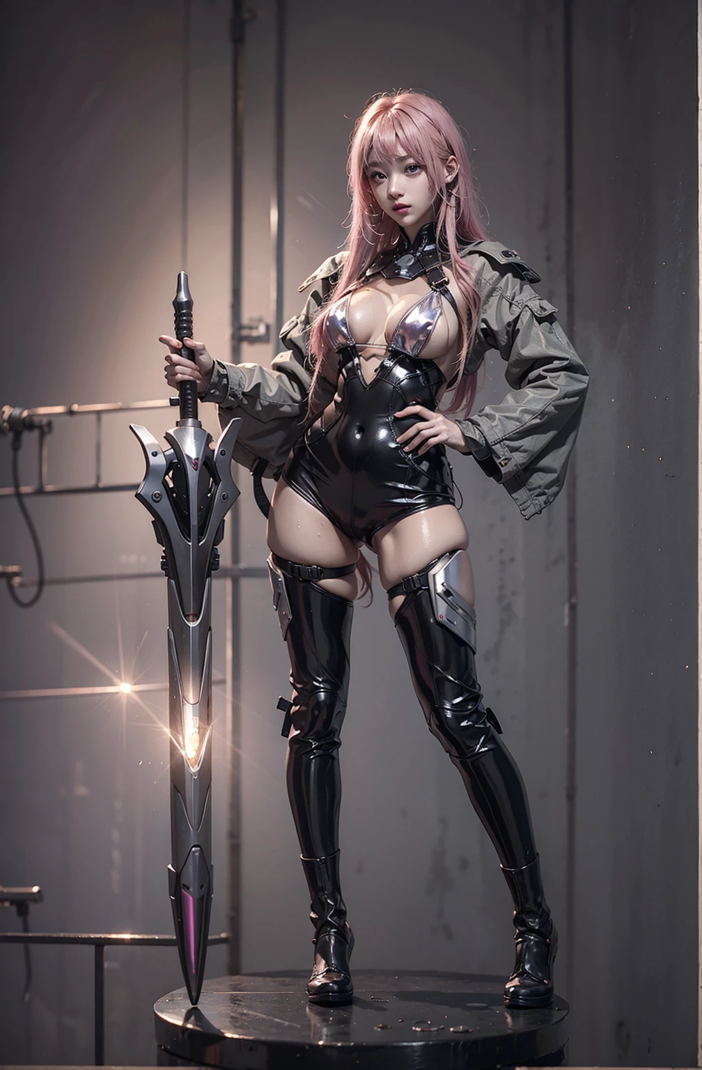 highest quality、Surreal、Perfect Anatomy、Crowded busy street、Surrounded by spectators、Crowd、Wet and shiny white skin、Sweat dripping all over the body、Slender model figure、Ahegao、Silver and pink hair、soaked、Super small face、Collars and Leads、Large cleavage、Cyberpunk City、photo shoot、Japanese sword、Micro Bikini、