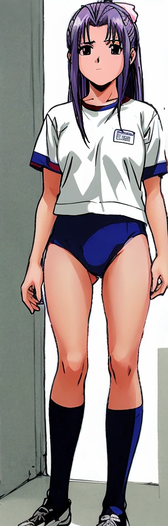 Momoko Koigakubo, a tall girl with beautiful legs, is standing diagonally with her legs spread apart in a white gym uniform and light navy blue bloomers that look like panties.。Has a gentle expression。