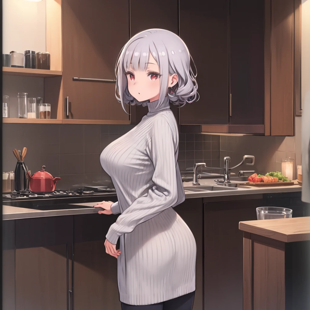 masterpiece、highest quality、High resolution、Very detailed、Medium wide shot、Girl、Beautiful red eyes、Silver Hair、Curly bob hair、Big Breasts、Gray turtleneck sweater、Long sleeve、miling、Looking Back、Leaning body、Back view、kitchen、Watching the audience、