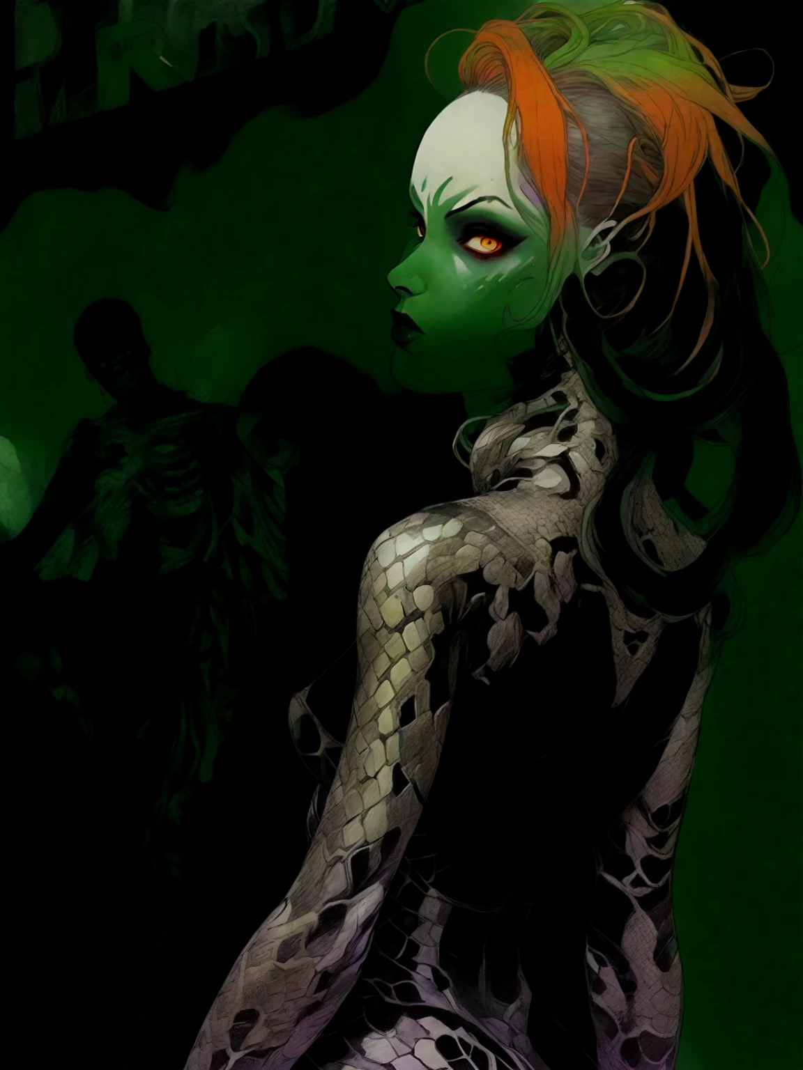 Medusa, splash page decompressed comic cover art, ink style figure,((expressive Joelle Jones and "Sean Gordon Murphy" comic drawing)), wordless, cinematic poster, double exposure, optical illusion, image within image, abyss void black no visibility darkness, full length portrait, (background, pine barrens, entropy, rewilding, magic hour sunset, galaxy stars, cosmos), (horror, abstract, surreal, body, cosmic), candid, snake skin dress, morphology anatomy drawn Frederic Delavier musculature anatomical illustration, (face, ornate black metal corpse paint, resembles Grace Jones), (body, Naga, snakefolk, lower body snake tail, snake woman hybrid, bald, hairless, skeleton, snake skin tattoos, piercing eyes, snake pupils, over the shoulder), (colors, bleak muted deep fiery radiant glowing ROYGBIV, forest green, earth brown), craftsmanship nuance, (Gerardo Zaffino charcoal), subliminal orchids, nyctophobia, silhouette