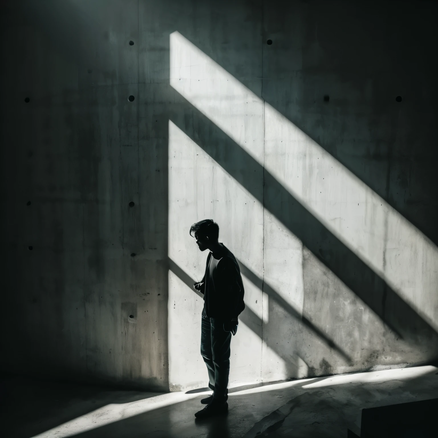 Concrete wall,Small window,Light coming from above,Inorganic,Monochrome,Uneasy atmosphere,Human figure