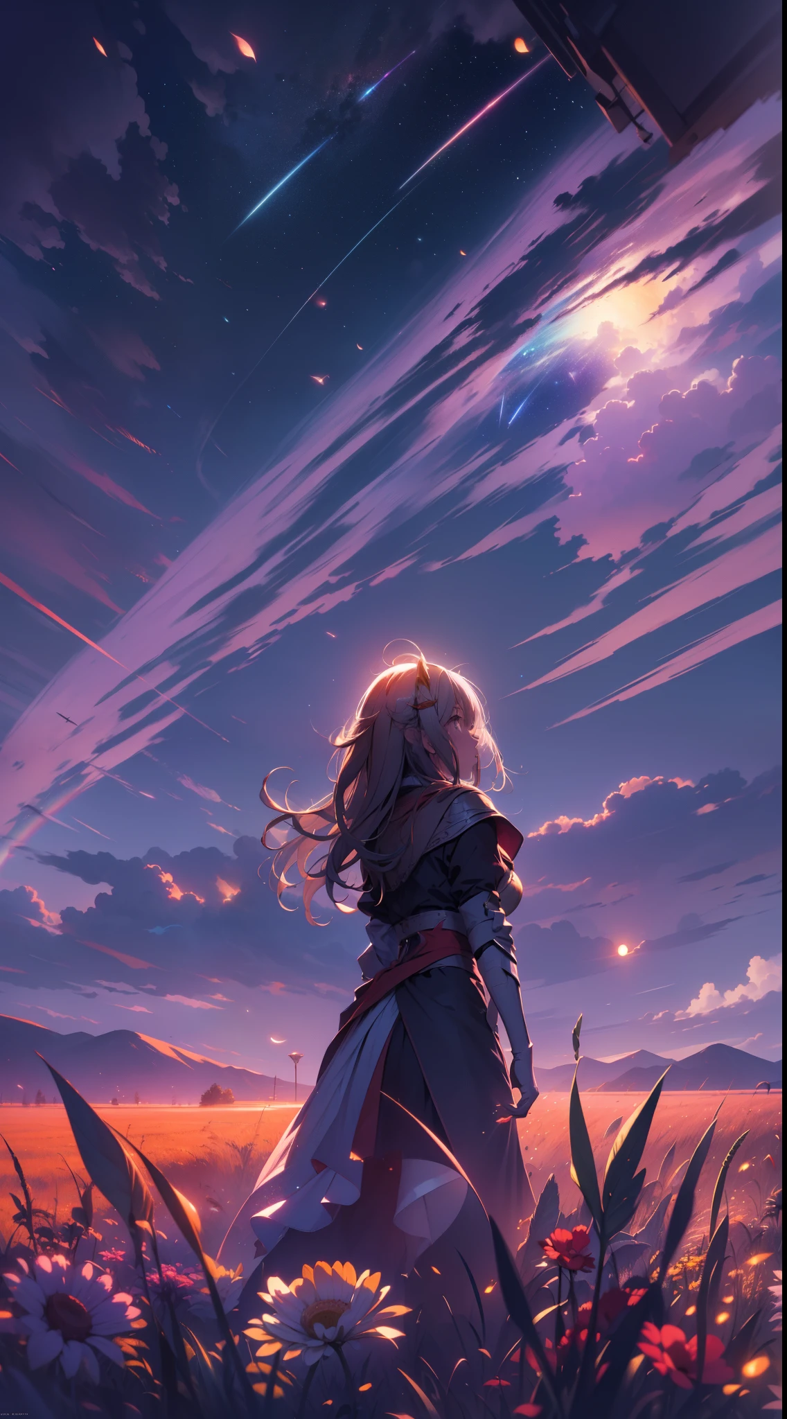 Vast landscape photo, (viewed from below, the sky is above and the open field is below), a girl standing on a flower field looking up, (full moon: 1.2), (meteor: 0.9), (nebula: 1.3), distant mountains , Trees BREAK Crafting Art, (Warm Light: 1.2), (Fireflies: 1.2), Lights, Lots of Purple and Orange, Intricate Details, Volumetric Lighting, Realism BREAK (Masterpiece: 1.2), (Best Quality), 4k, Ultra-Detailed, (Dynamic Composition: 1.4), Very Detailed, Colorful Details, (Rainbow Colors: 1.2), (Glow Lighting, Atmospheric Lighting), Dreamy, Magical, (Solo: 1.2)