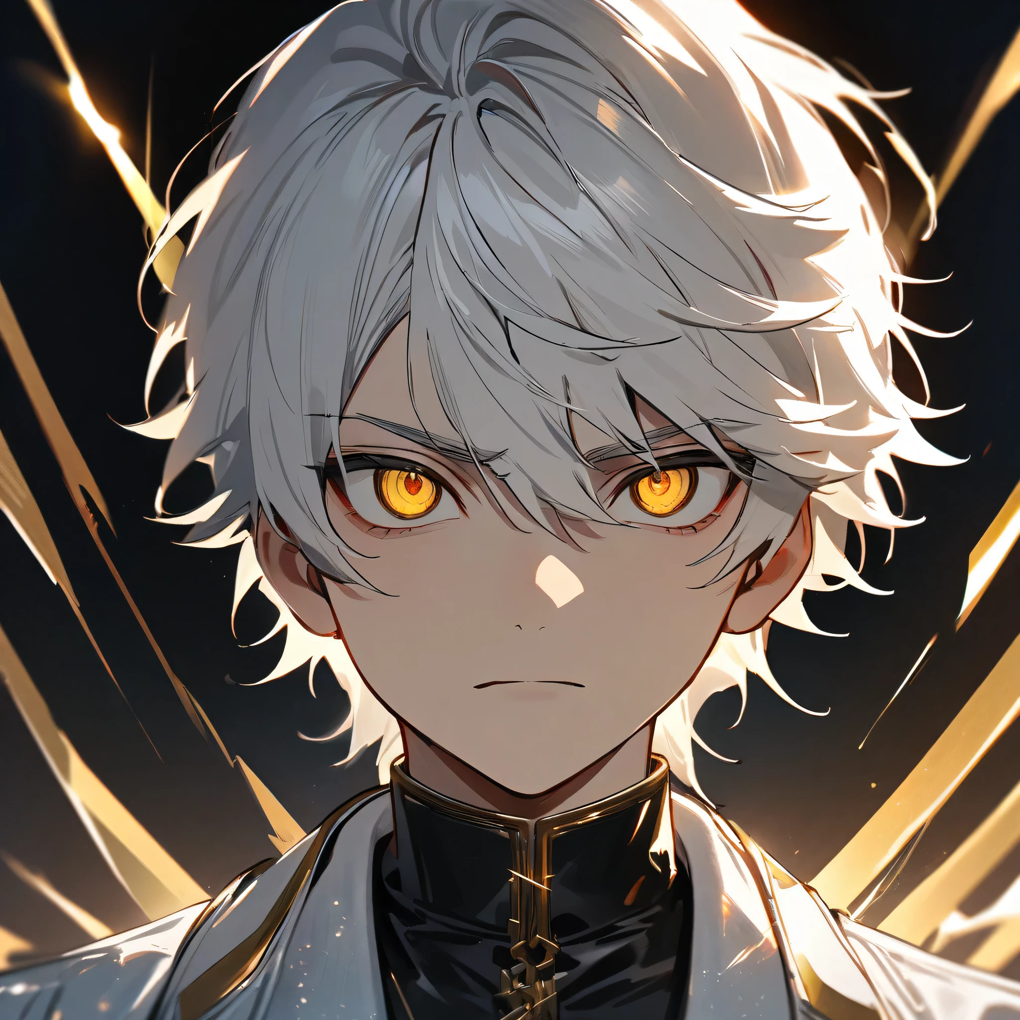 High quality, HD, 4k, handsome male, 1male, 17 years old, teenager, golden lining, short white hair, sharp eyes, gold eyes, devil may cry, close up, calm expression, stoic expression, black leather clothes, white leather clothing, upper body, looking at viewer, cowboy shot, white solar, shining background