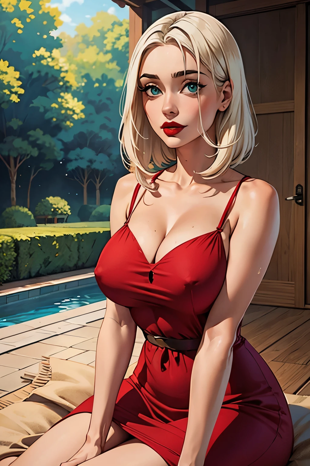 um close de uma pessoa segurando uma casquinha de sorvete, Doce , mulher com cabelos prateados ondulados, franja, olhos azuis claros, Red lips, vestido verde delicado,