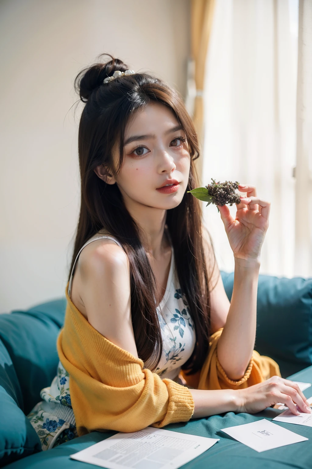 Draw a peony girl,Chinese medicine personification,Blue and white are the main colors,Create a young girl,Use Chinese herbs as embellishment,Reasonable composition highlights the characters