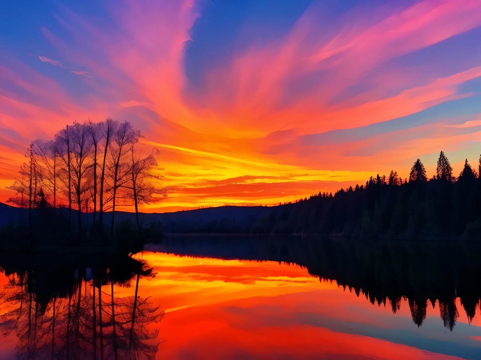 Lake and trees々A beautiful sunset can be seen against the backdrop of, Colorful sky, Surreal colors, Colorful sunset, Colorful sky, Amazing reflection of the sky, Beautiful sky, Dreamy atmosphere 8k, Multicolored clouds, Colours reflected in the lake, Surreal Sky, Red and blue reflections, Fire Reflection, Beautiful sky, Beautiful and spectacular sunset, Beautiful dreamy landscape, Beautiful sky