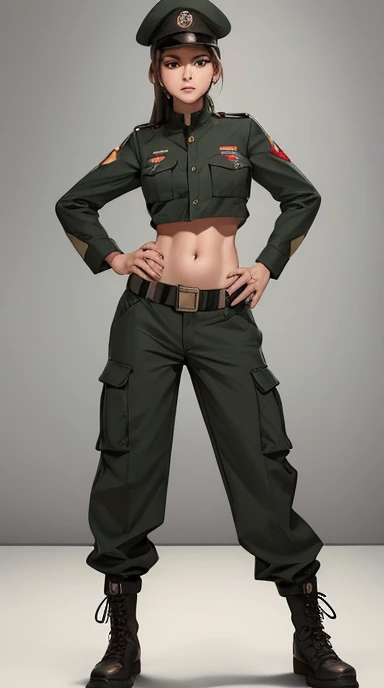 
Women in belly  soldier uniform, soldier hat, whistle on the chest,  exposed abdomen area, very low waist cargo pants, navel piercing , 45 years-old, high ranking , standing, 