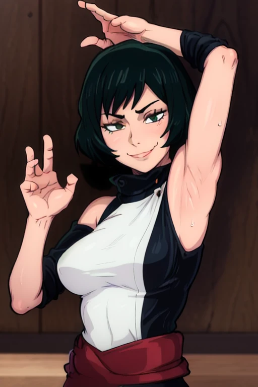 masterpiece, best quality, mai zenin, looking at viewer, green hair, large breasts, upper body, portrait, looking at viewer, seductive smile,both hands raised, armpits, armpits visible, sweaty armpits,