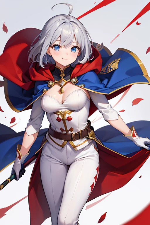 ,colorful,(masterpiece:1,2), highest quality, masterpiece, High resolution, original, Highly detailed wallpaper, One girl ,smile,alone, Grey Hair, blue eyes, original_Costume,Red Cape,White pants, gloves, chest, uniform, large chest
