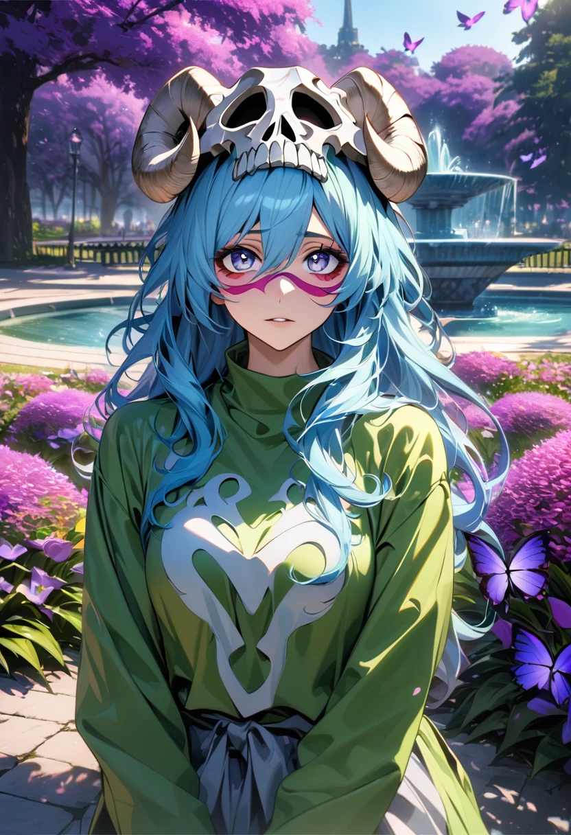  absurdres, highres, ultra detailed, HDR, master piece, ultra detailed picture, extremely detailed face and eyes, Nelliel Tu Odelschwanck, light-blue long hair, expressive hazel eyes, Bleach, green clothes, solo, woman, extremely beautiful, purple flowers, park, fountain, purple trees, purple butterflies