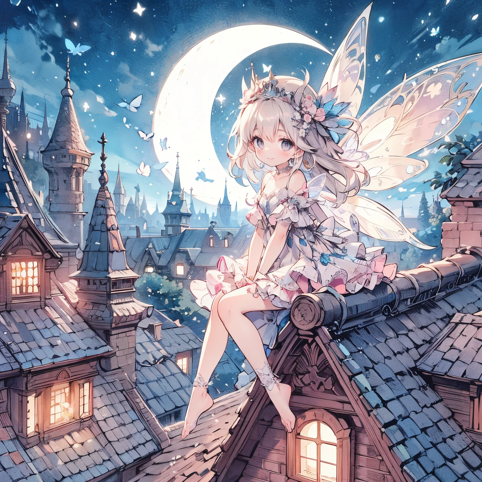(highest quality, Very detailed, beautiful, Exquisite, 16k, Full HD), On the roof of a house in an old European town on a crescent moon night, a beautiful, young fairy princess with butterfly-like wings is looking elegantly at the moon on a beautiful dark moonlit night, smiling in ecstasy.,A beautiful large crescent moon, stars, shooting stars and shooting stars,(She has beautiful, clear fairy wings growing from her back and is wearing a tiara, earrings and a choker.), She is wearing a beautiful black and silver ball gown dress decorated with jewels, ribbons, frills and lace, and has beautiful fairy shoes.,(She has pale pink cheeks, beautiful silver hair, plump pink lips, fair skin, a large bust, and a nice figure.),Vibrant and striking colors,From a little distance,Dreamy cute atmosphere