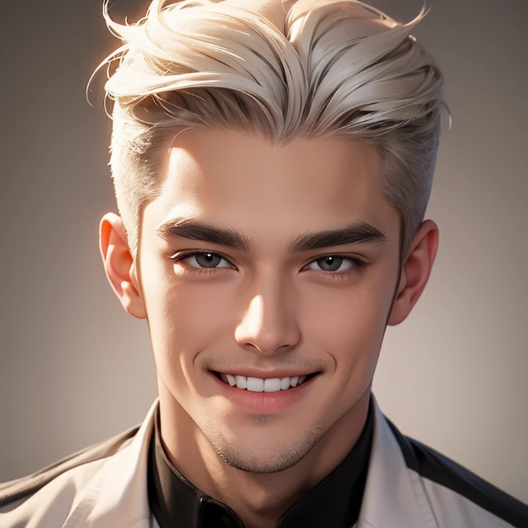 A man with good looking square shape face, beautiful big brown eyes, fit body white haired smiling