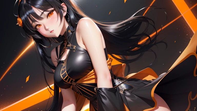 Anime girl with black hair and an orange dress in front of a black background, Anime Style 4k, ayaka genshin impact, Best Anime 4K Konachan Wallpaper, anime art wallpaper 4k, anime art wallpaper 4k, Detailed digital anime art, anime art wallpaper 8k, 4K Manga Wallpapers, Beautiful anime artwork, 4k anime wallpaper