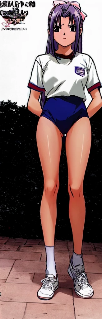Momoko Koigakubo, a tall girl with beautiful legs, is standing diagonally with her legs spread to the side in a white gym uniform and light navy blue bloomers that look like panties.。Has a gentle expression。