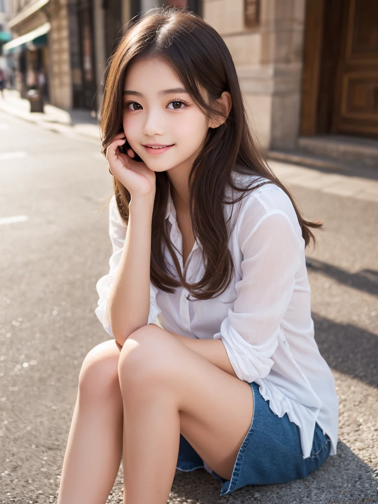 (masterpiece,highest quality,超A high resolution), (((Very beautiful 12 year old girl))), pretty girl、Travel to France、Paris、smile、 Outdoor、Super cute face, Glossy lips, Double eyelids on both eyes, Natural Makeup, Long eyelashes, Shiny and smooth light brown long bob hair, Perfect limbs, FULL Body, Gorgeous cute clothes、Ruffled shirt、Layered Skirt、