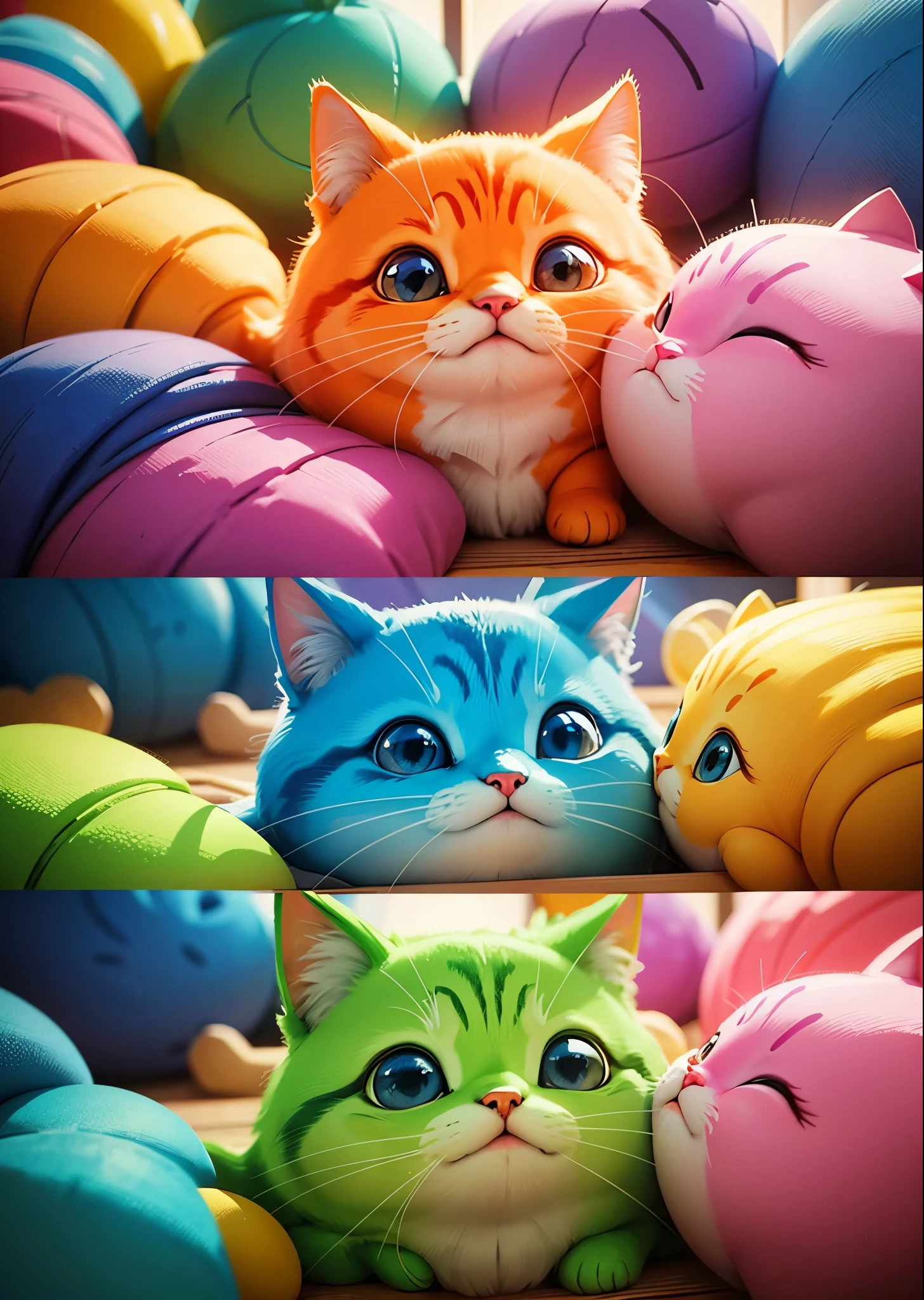 Pop and catchy illustrations、Colorful and fun atmosphere、Cat、2D、3D、8k, Super Detail, Accurate, highest quality、Sharp images、High color reproducibility、Attention to detail