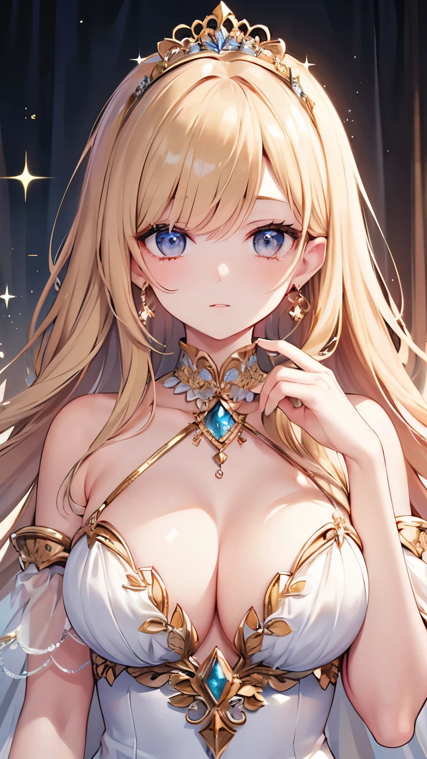 ((best quality)), ((masterpiece)), (detailed), perfect face, ((Best quality, 8k, Masterpiece: 1.3)), Sharp focus A beautiful woman, Highly detailed face and skin texture, Detailed eyes, Double eyelid, blonde hair, bangs, hime cut, crystal hair, big hair, shiny hair, tiara, gradient eyes, crystal earrings, serious, sparkle, reflection light, Greek mythology goddess, Artemis, lake, laurel wreath, ((silk dress, rich drapes)), glitter, bejeweled